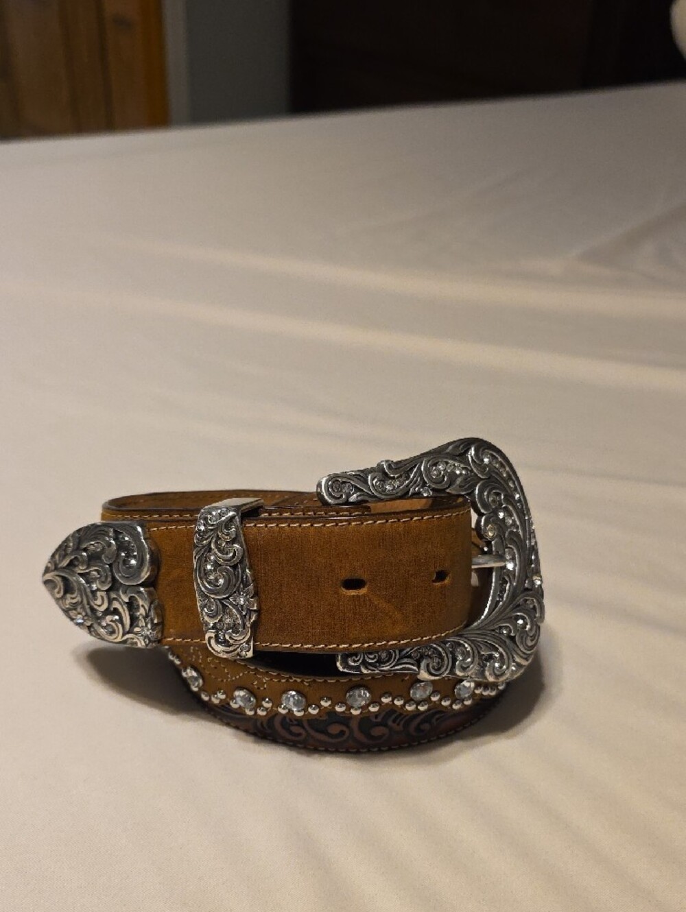 Tony Lama Brown Leather Western Belt with Silver Buckle and Studs